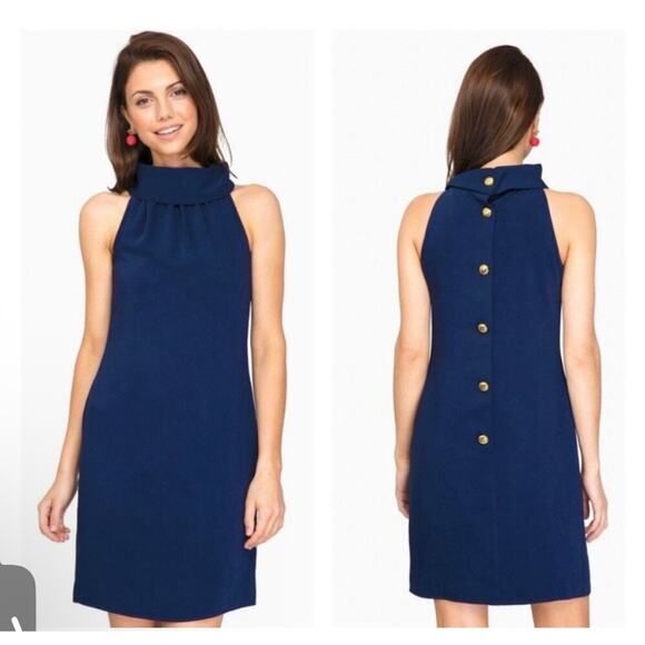 Sail to Sable Dresses & Skirts - SAIL TO SABLE Navy Blue Cowl High Neck Button Back Sleeveless Dress Sz M preppy